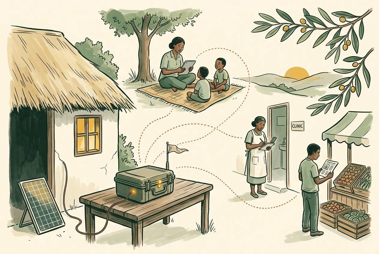 A hand-painted illustration of a rural village. A small rugged compute box sits on a wooden table beside a thatched-roof building, connected by cable to a solar panel. Soft terracotta dotted lines connect the box to a teacher reading to two children on a woven mat under a tree, a health worker writing in a notebook beside a clinic doorway, and a young man examining a printed page at a market stall. An olive branch curves into the frame from the upper right.